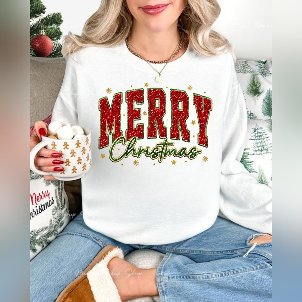 NWT Faux Glitter Handmade Merry Christmas White Sweatshirt